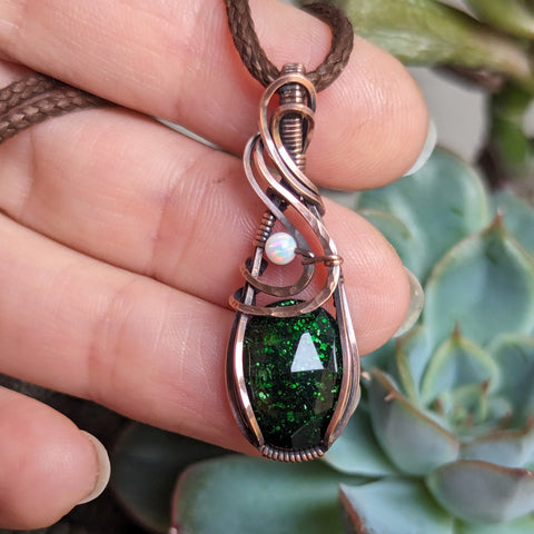 Green Goldstone Doublet Wire Wrapped Pendant in Oxidized Copper