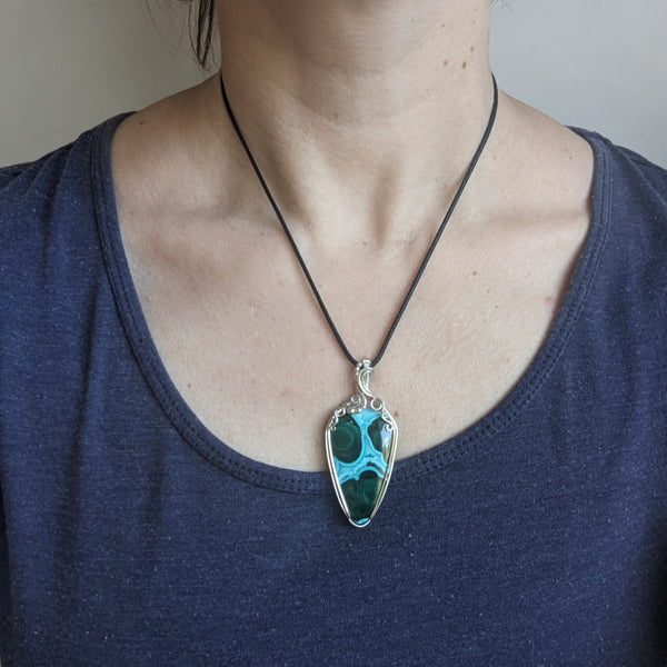 Malachite Chrysocolla Wire Wrapped Pendant in Sterling Silver