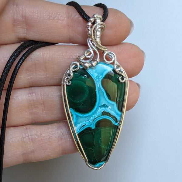 Malachite Chrysocolla Wire Wrapped Pendant in Sterling Silver