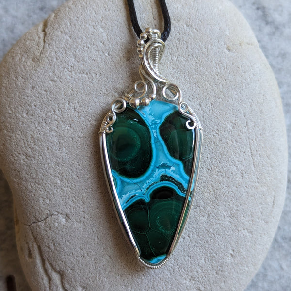 Malachite Chrysocolla Wire Wrapped Pendant in Sterling Silver