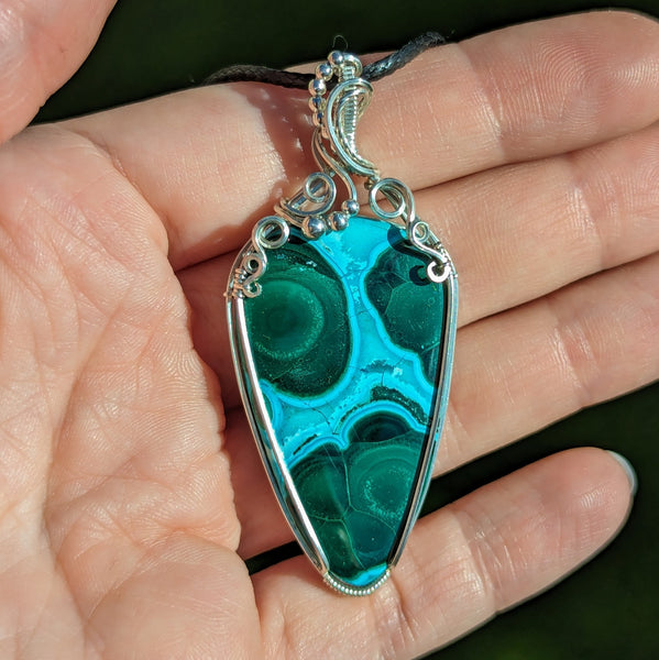 Malachite Chrysocolla Wire Wrapped Pendant in Sterling Silver