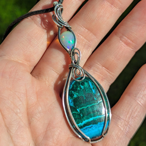 Malachite Chrysocolla & Welo Opal Wire Wrapped Pendant in Oxidized Sterling Silver