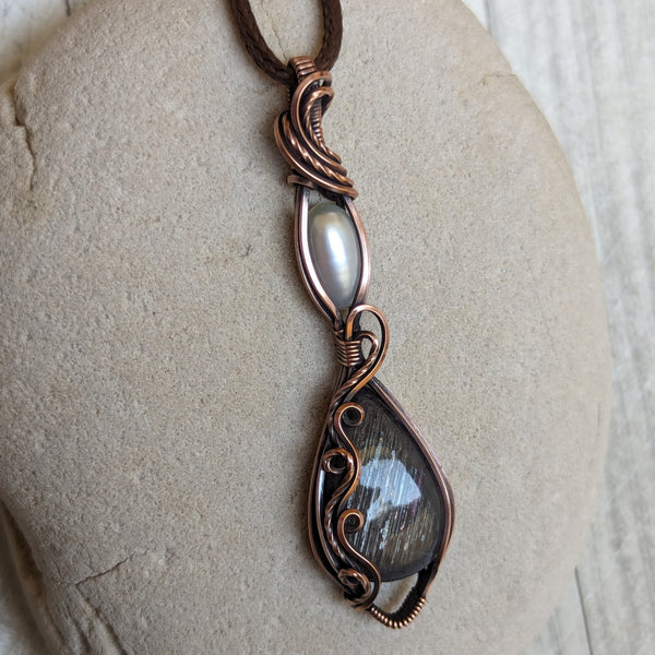 Brown Sunstone & Freshwater Pearl Wire Wrapped Pendant in Oxidized Copper