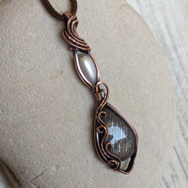 Brown Sunstone & Freshwater Pearl Wire Wrapped Pendant in Oxidized Copper