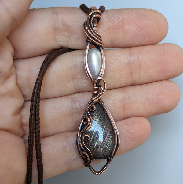 Brown Sunstone & Freshwater Pearl Wire Wrapped Pendant in Oxidized Copper