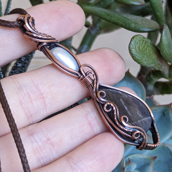 Brown Sunstone & Freshwater Pearl Wire Wrapped Pendant in Oxidized Copper