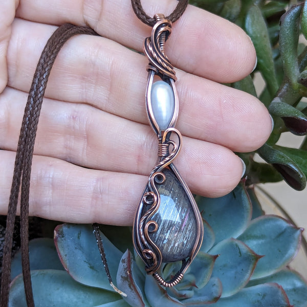 Brown Sunstone & Freshwater Pearl Wire Wrapped Pendant in Oxidized Copper