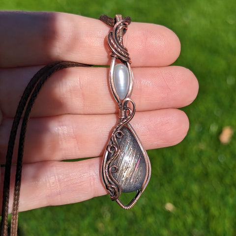 Brown Sunstone & Freshwater Pearl Wire Wrapped Pendant in Oxidized Copper