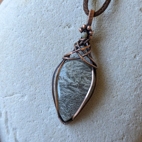 Plume Agate Pendant in Oxidized Copper