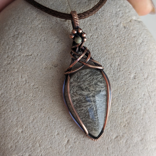 Plume Agate Pendant in Oxidized Copper