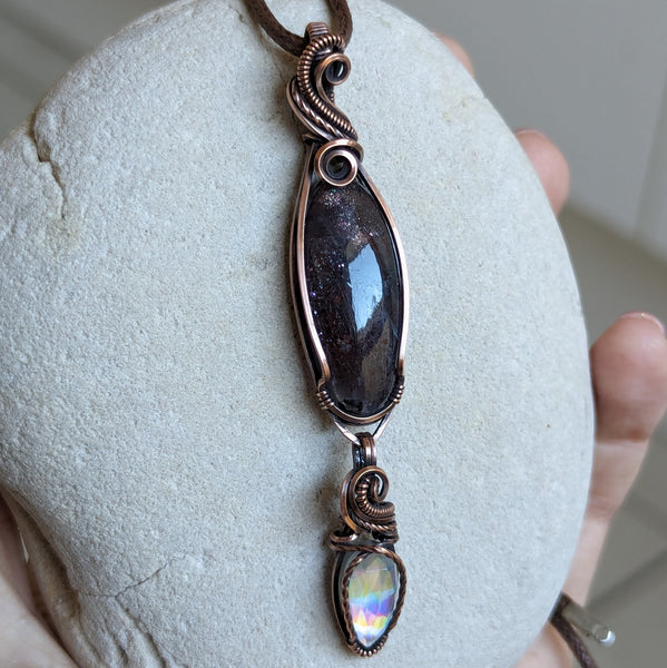 Iolite Sunstone & Rainbow Quartz Detachable Dangle Pendant in Oxidized Copper