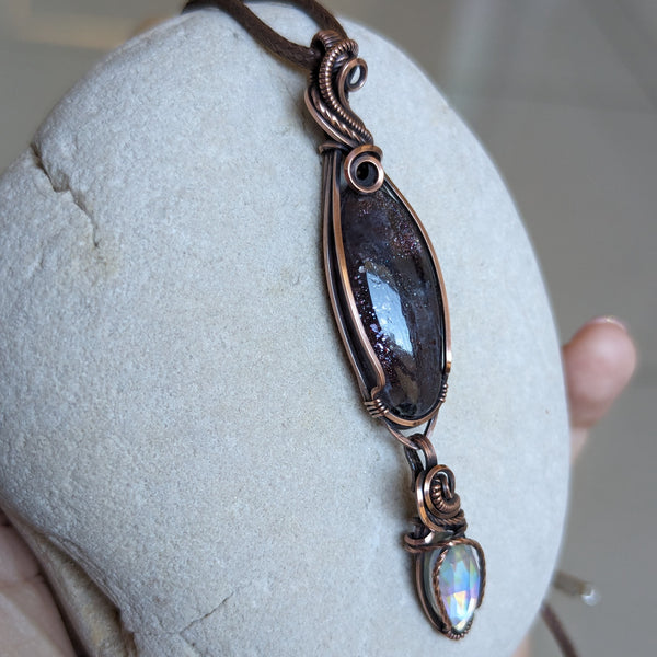 Iolite Sunstone & Rainbow Quartz Detachable Dangle Pendant in Oxidized Copper