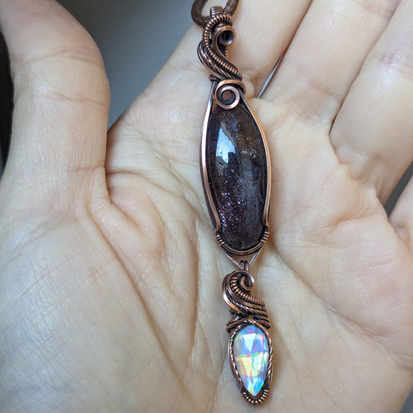 Iolite Sunstone & Rainbow Quartz Detachable Dangle Pendant in Oxidized Copper