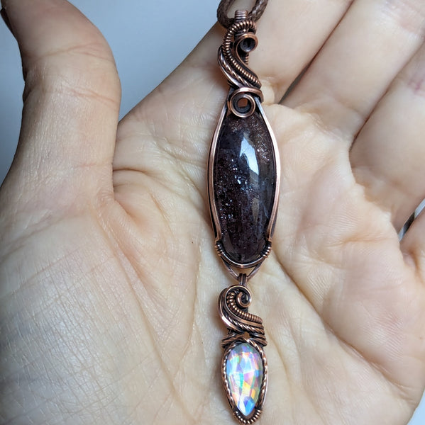 Iolite Sunstone & Rainbow Quartz Detachable Dangle Pendant in Oxidized Copper