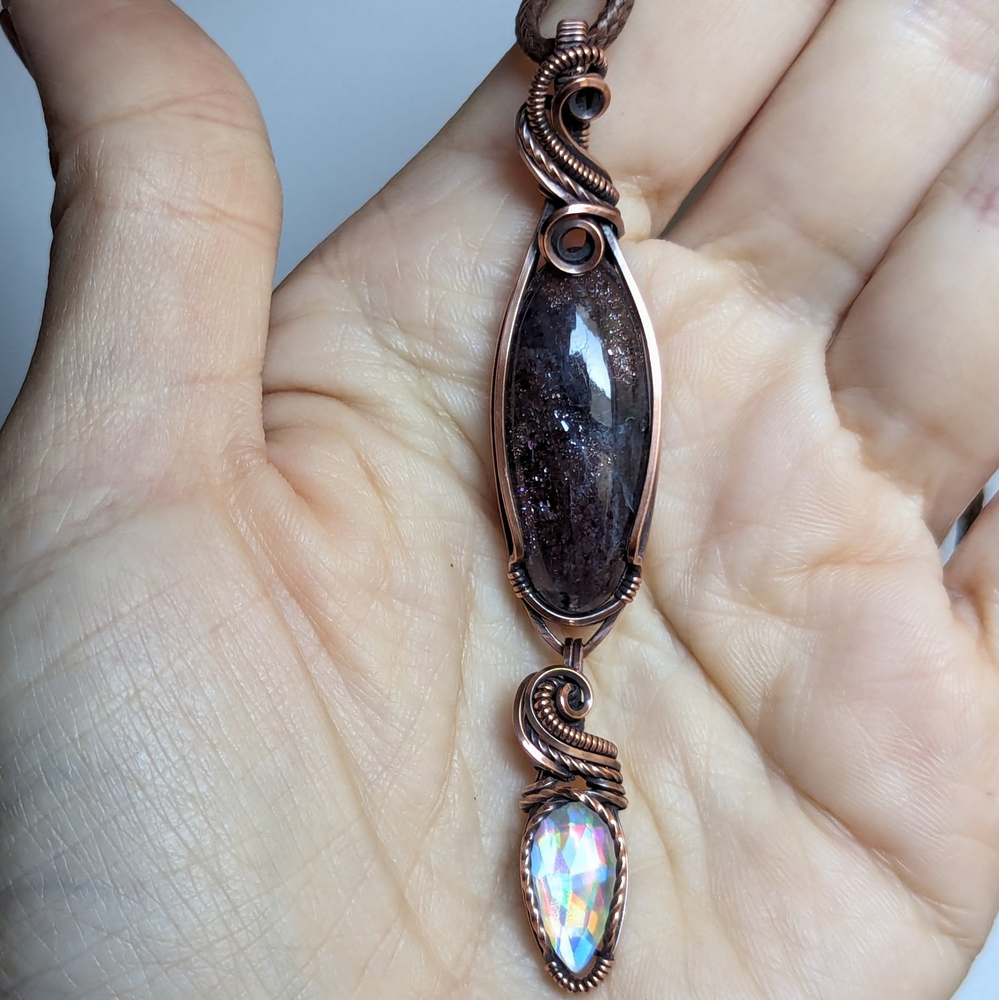 Iolite Sunstone & Rainbow Quartz Detachable Dangle Pendant in Oxidized Copper