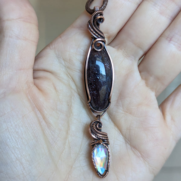 Iolite Sunstone & Rainbow Quartz Detachable Dangle Pendant in Oxidized Copper