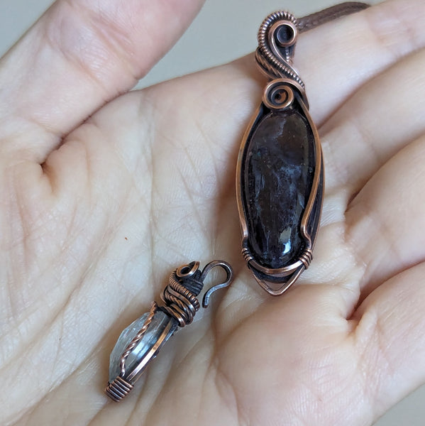 Iolite Sunstone & Rainbow Quartz Detachable Dangle Pendant in Oxidized Copper