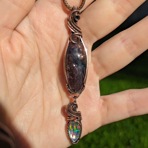 Iolite Sunstone & Rainbow Quartz Detachable Dangle Pendant in Oxidized Copper