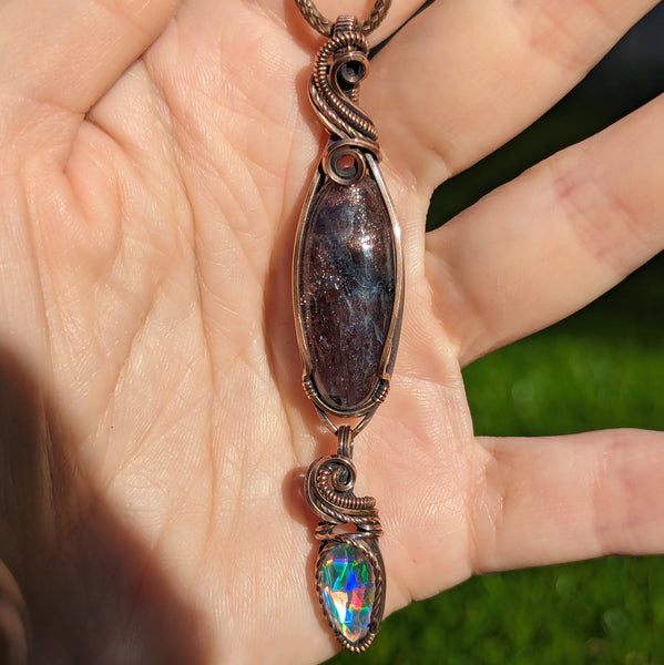 Iolite Sunstone & Rainbow Quartz Detachable Dangle Pendant in Oxidized Copper