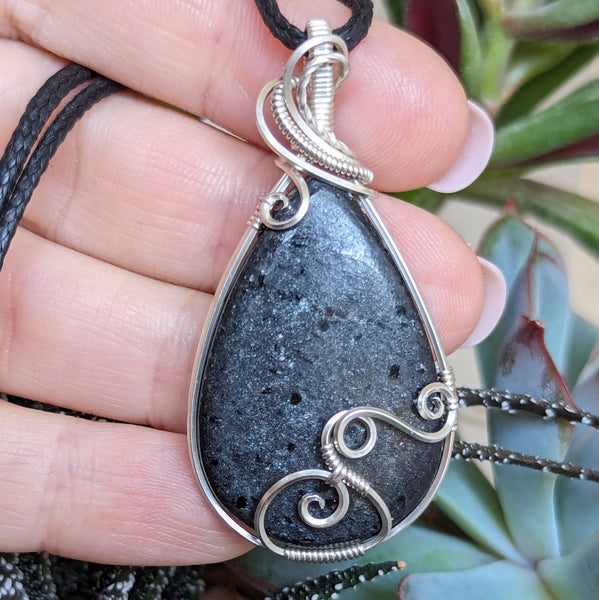 Black Mica Wire Wrapped Sterling Silver Pendant