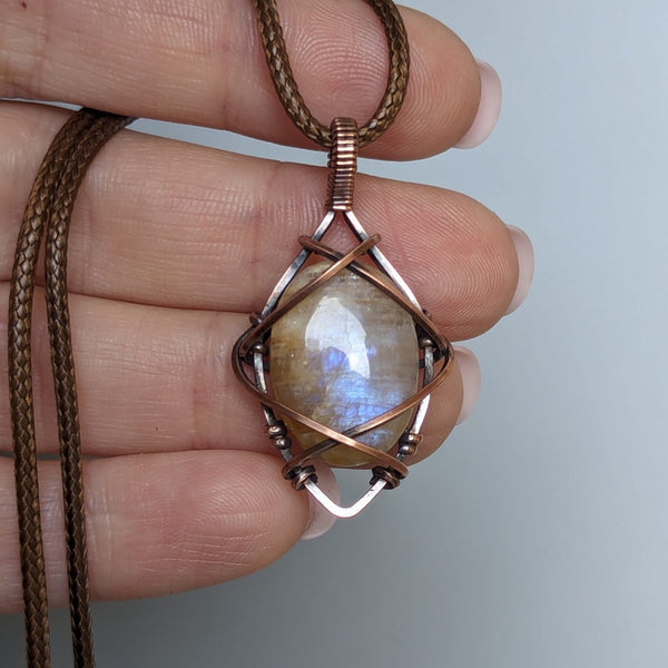 Belomorite Moonstone Wire Wrapped Pendant in Oxidized Copper