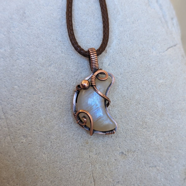 Crescent Moonstone Wire Wrapped Mini Pendant in Oxidized Copper