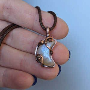 Crescent Moonstone Wire Wrapped Mini Pendant in Oxidized Copper