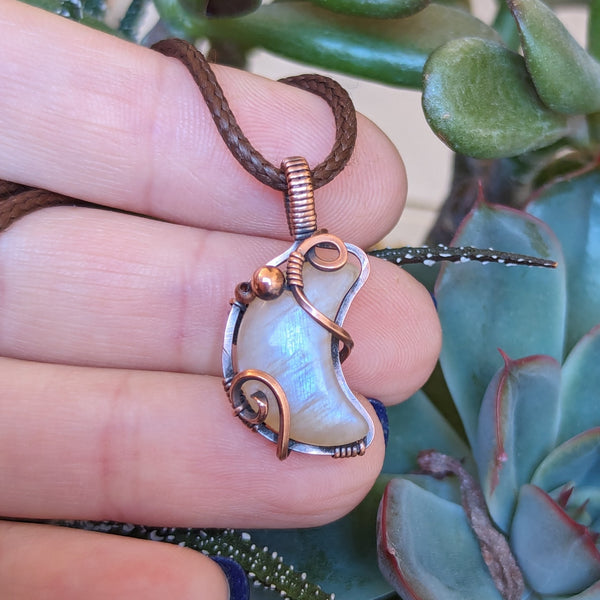 Crescent Moonstone Wire Wrapped Mini Pendant in Oxidized Copper