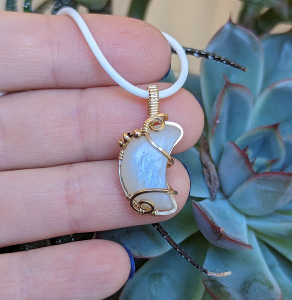 Moonstone Crescent Moon Wire Wrapped Pendant in Yellow Gold-fill