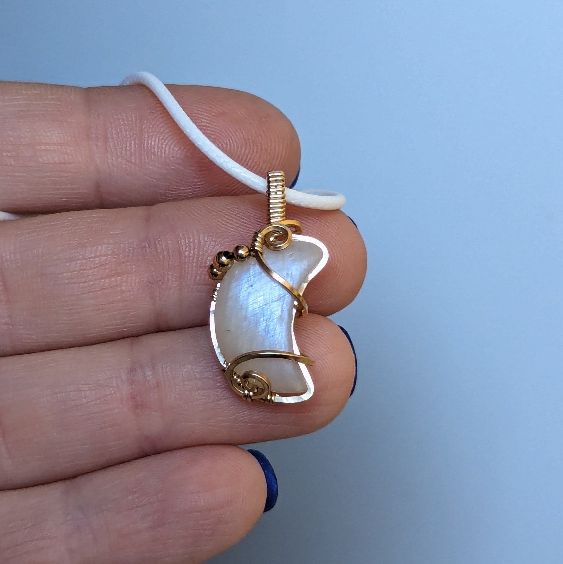 Moonstone Crescent Moon Wire Wrapped Pendant in Yellow Gold-fill