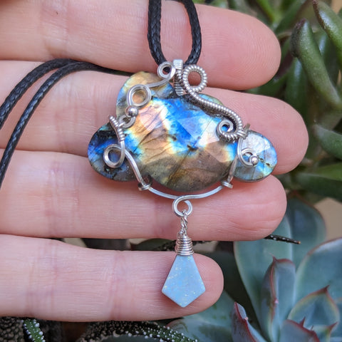 Labradorite Cloud with Opal Dangle Wire Wrapped Sterling Silver Pendant