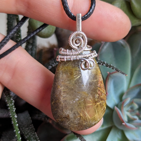 Lodolite Quartz with Rutile Wire Wrapped Sterling Silver Pendant