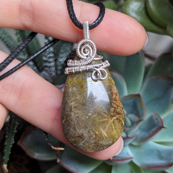 Lodolite Quartz with Rutile Wire Wrapped Sterling Silver Pendant