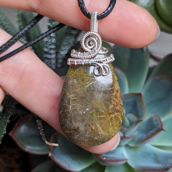 Lodolite Quartz with Rutile Wire Wrapped Sterling Silver Pendant