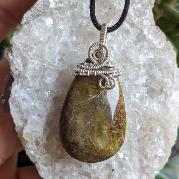 Lodolite Quartz with Rutile Wire Wrapped Sterling Silver Pendant