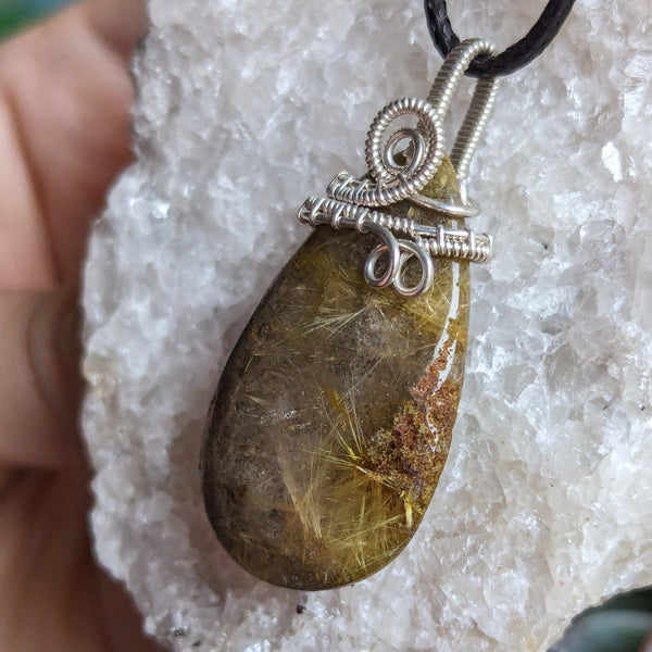 Lodolite Quartz with Rutile Wire Wrapped Sterling Silver Pendant