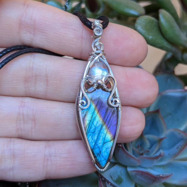 Labradorite & Rainbow Moonstone Wire Wrapped Sterling Silver Vase Pendant