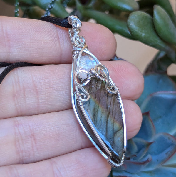 Labradorite & Rainbow Moonstone Wire Wrapped Sterling Silver Vase Pendant