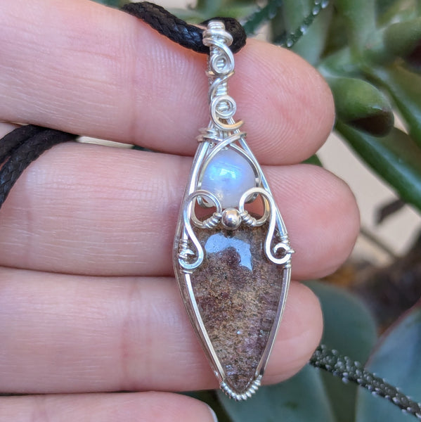 Lodolite Quartz & Rainbow Moonstone Wire Wrapped Sterling Silver Vase Pendant