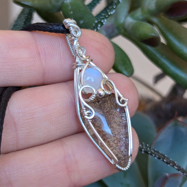 Lodolite Quartz & Rainbow Moonstone Wire Wrapped Sterling Silver Vase Pendant