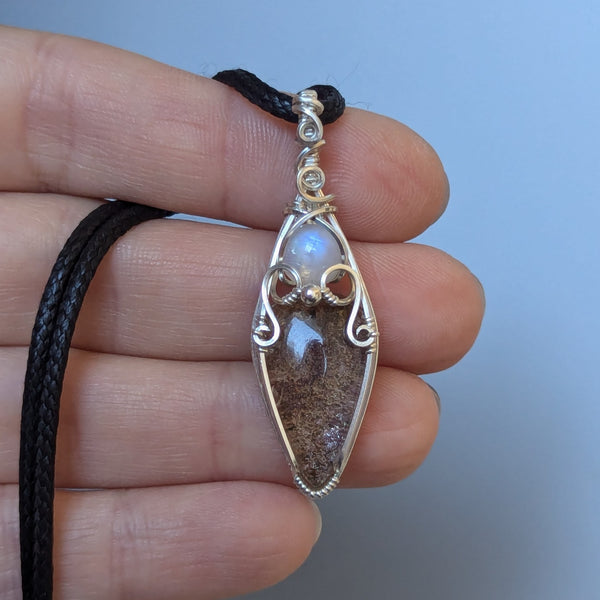 Lodolite Quartz & Rainbow Moonstone Wire Wrapped Sterling Silver Vase Pendant