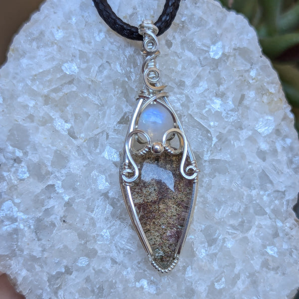 Lodolite Quartz & Rainbow Moonstone Wire Wrapped Sterling Silver Vase Pendant