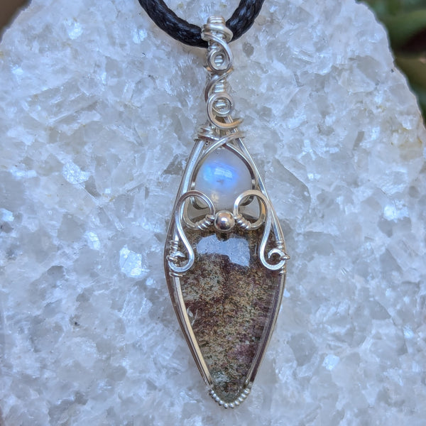 Lodolite Quartz & Rainbow Moonstone Wire Wrapped Sterling Silver Vase Pendant