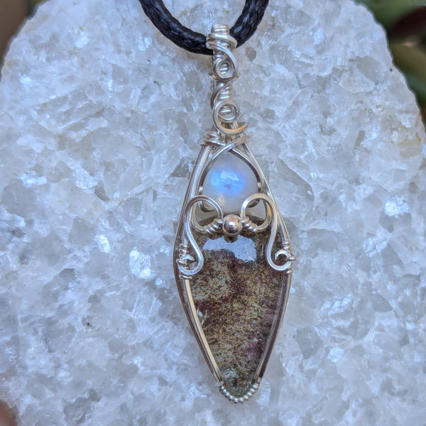 Lodolite Quartz & Rainbow Moonstone Wire Wrapped Sterling Silver Vase Pendant