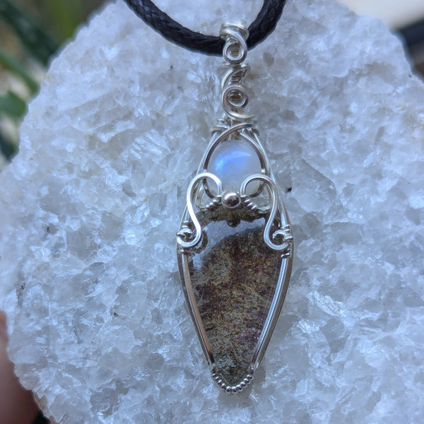 Lodolite Quartz & Rainbow Moonstone Wire Wrapped Sterling Silver Vase Pendant