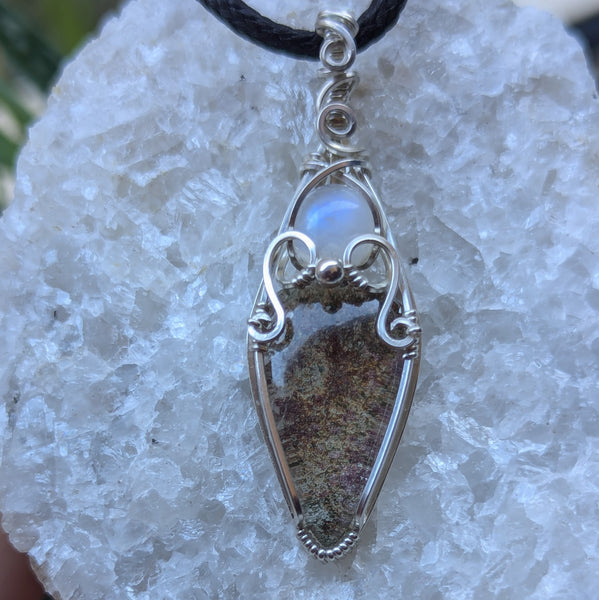 Lodolite Quartz & Rainbow Moonstone Wire Wrapped Sterling Silver Vase Pendant