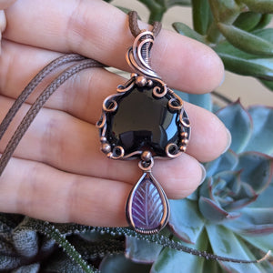 Onyx & Amethyst Wire Wrapped Pendant in Oxidized Copper