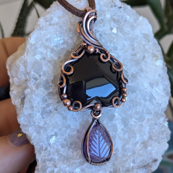 Onyx & Amethyst Wire Wrapped Pendant in Oxidized Copper