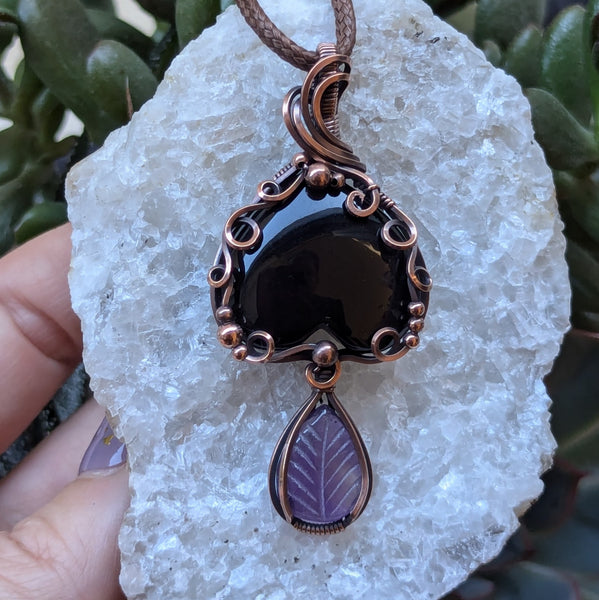 Onyx & Amethyst Wire Wrapped Pendant in Oxidized Copper