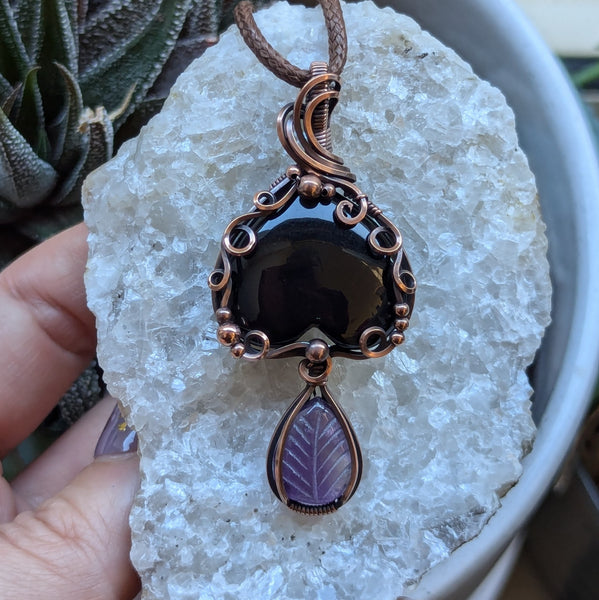 Onyx & Amethyst Wire Wrapped Pendant in Oxidized Copper